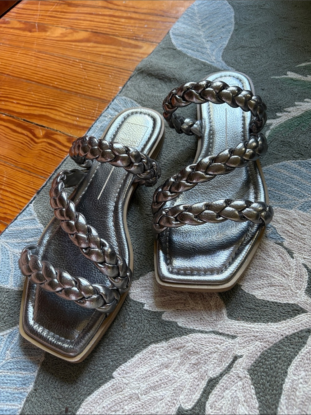 Dolce Vita Metallic Silver Braided Strap Slide Sandals